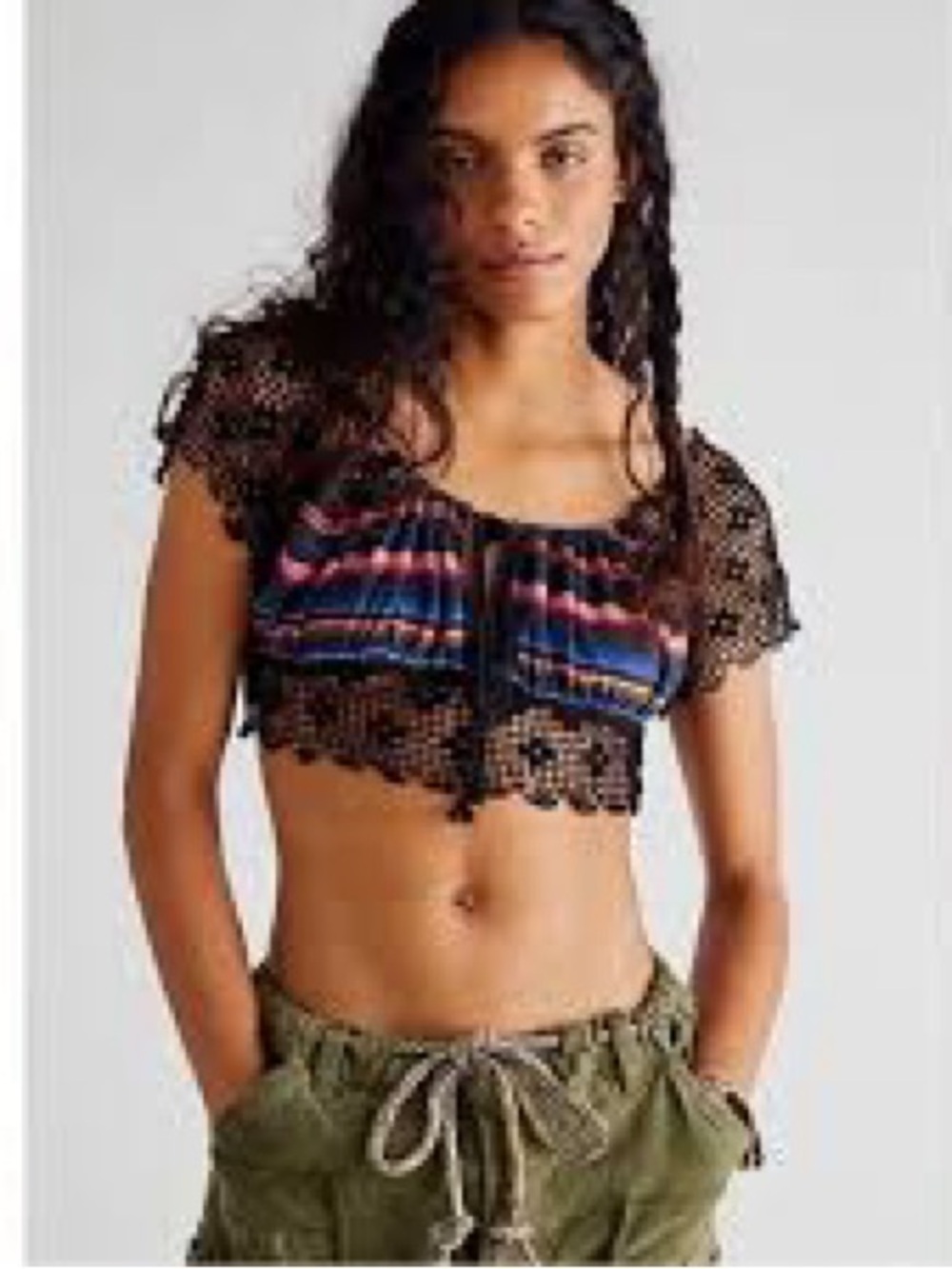 Free People Aruba Crochet Crop Top Boho Striped Black Size S